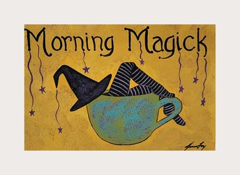 Witch in Coffee Cup - Morning Magick- Original Painting on Birch Wood
