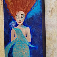 Coffee and Prayers - Mermaid Original Painting on Birch Wood 4x6