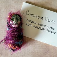 Conjuring Crone - OOAK Clay Poppet with Fabric Pouch 