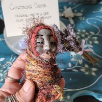 Conjuring Crone - OOAK Clay Sculpted Poppet with Fabric Pouch