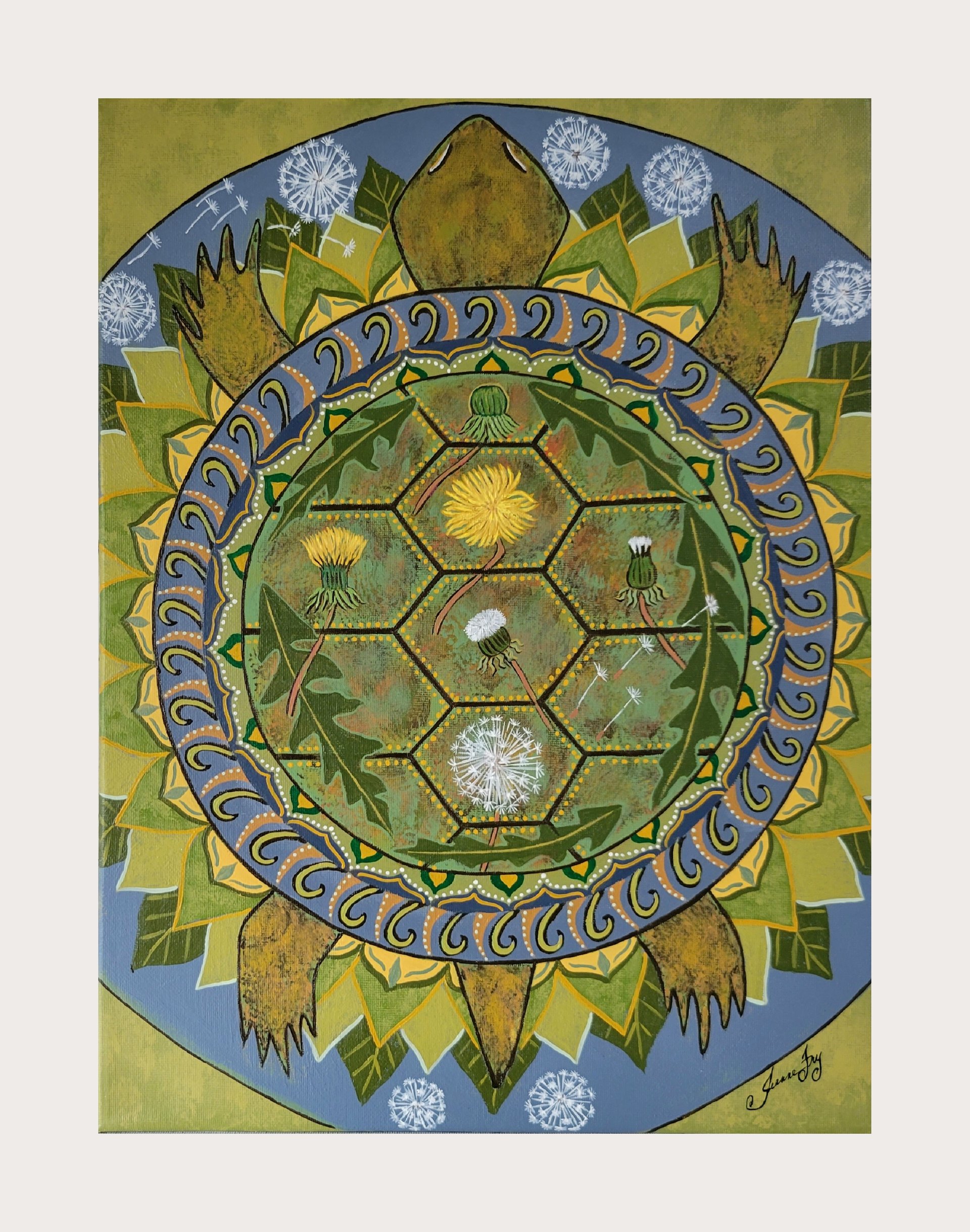 Cycles of Life - Original Mandala Painting - Turtle with Dandelions 12x16