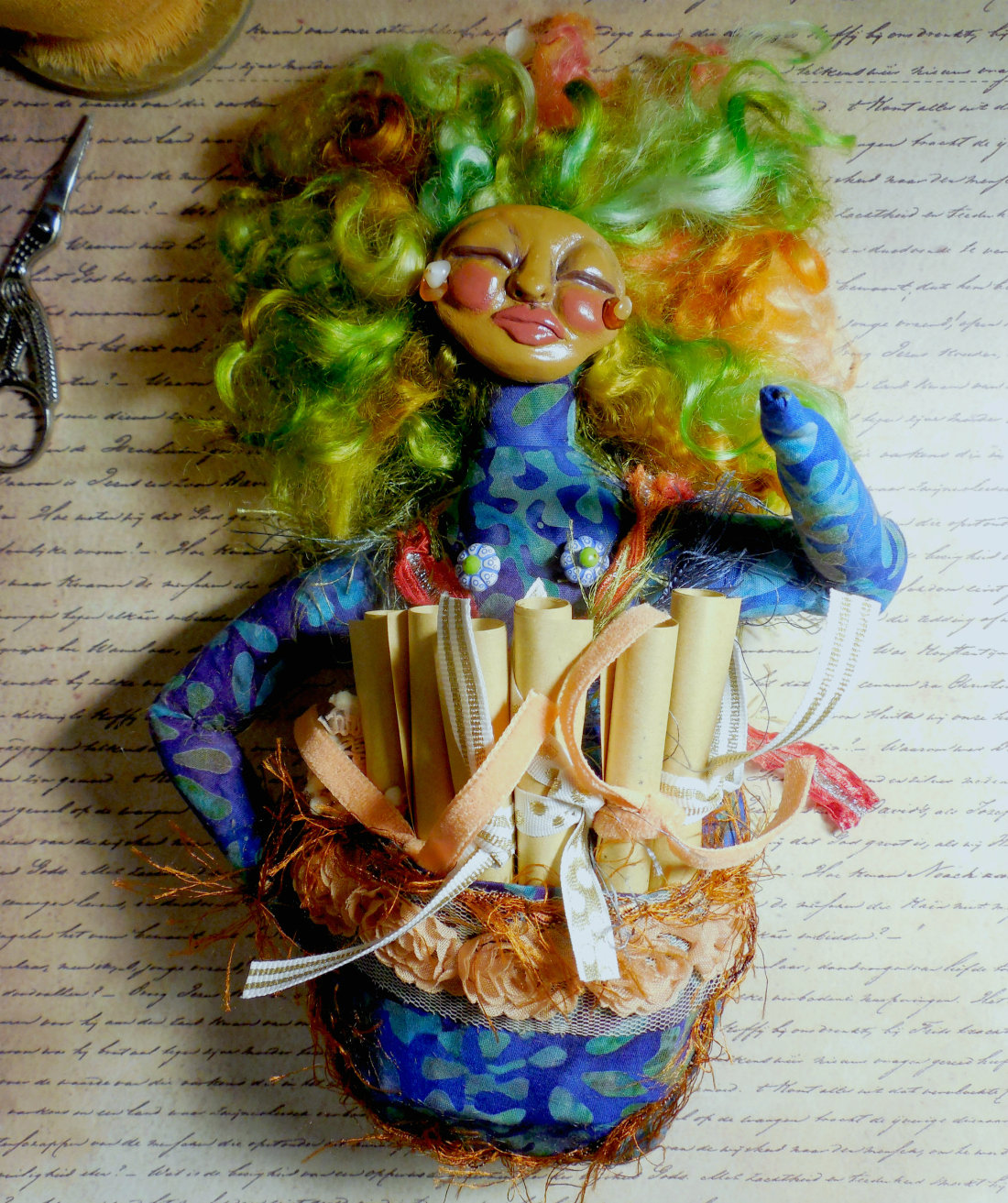 OOAK Cloth and Clay Art Doll for Womens Empowerment with Pink and Green Hair