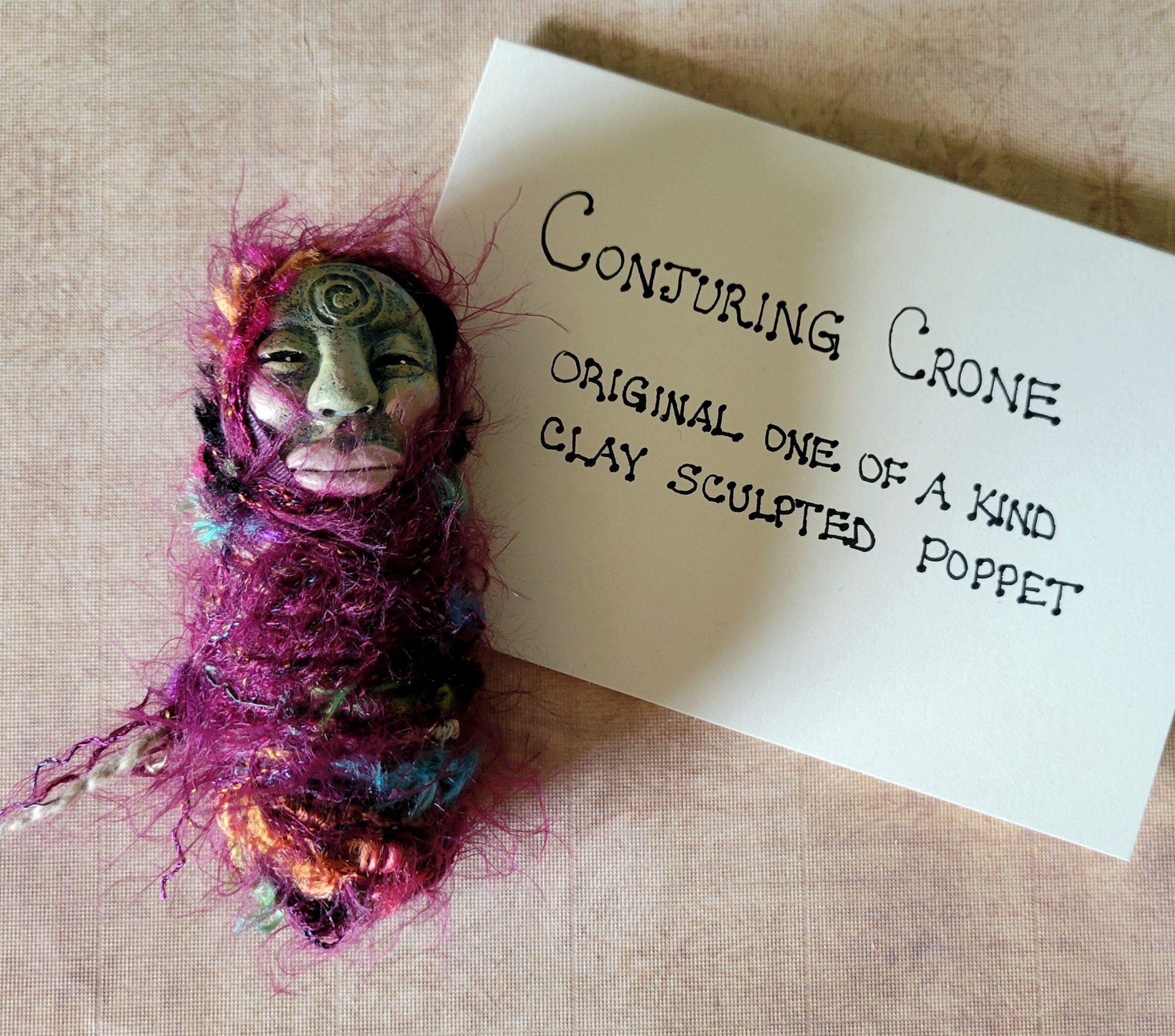 Conjuring Crone - OOAK Clay Poppet with Fabric Pouch 