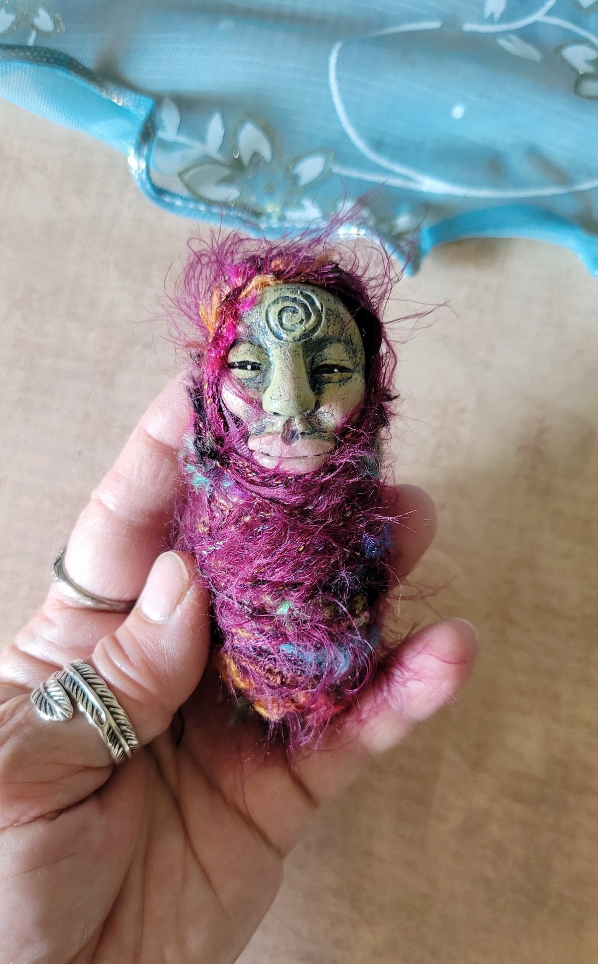 Conjuring Crone - OOAK Clay Poppet with Fabric Pouch 