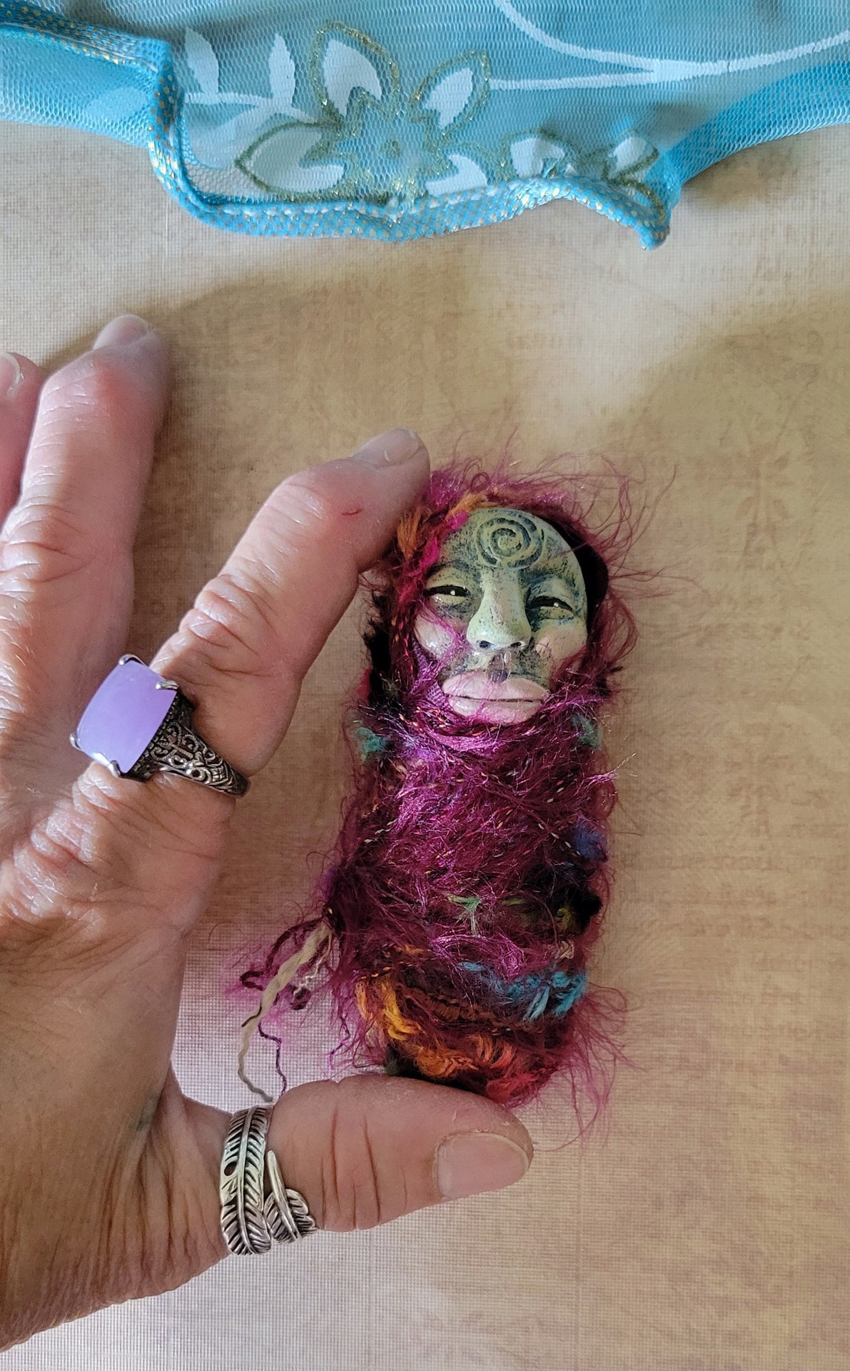 Conjuring Crone - OOAK Clay Poppet with Fabric Pouch 