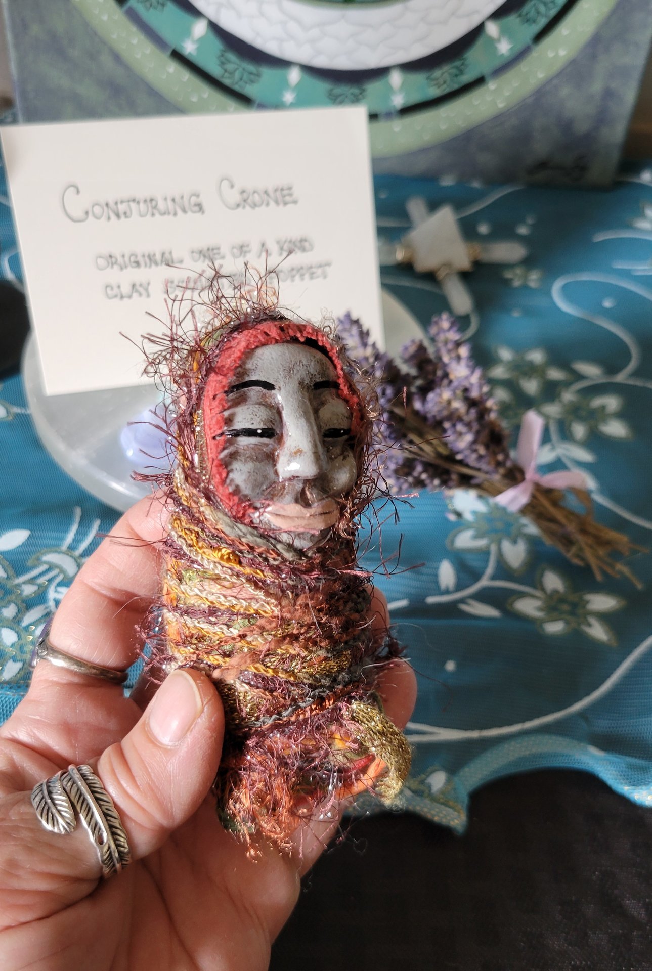 Conjuring Crone - OOAK Clay Sculpted Poppet with Fabric Pouch