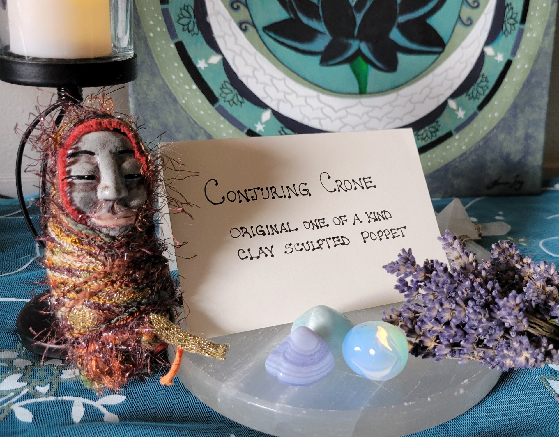 Conjuring Crone - OOAK Clay Sculpted Poppet with Fabric Pouch