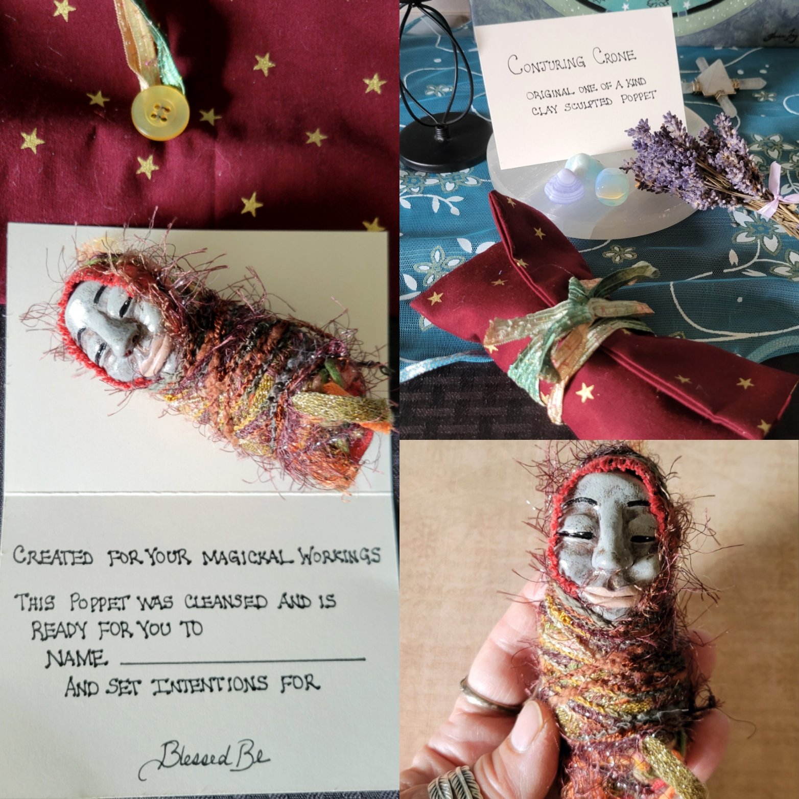 Conjuring Crone - OOAK Clay Sculpted Poppet with Fabric Pouch