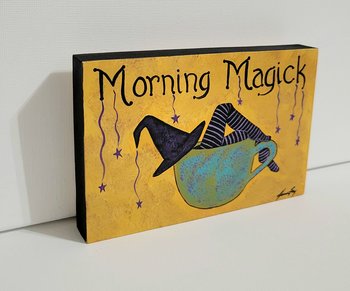 Witch in Coffee Cup - Morning Magick- Original Painting on Birch Wood