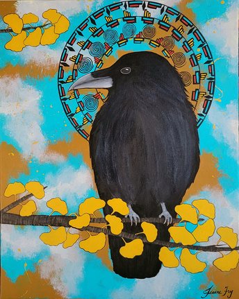 Raven Medicine  in the Ginkgo Winds - Original Painting 16x20
