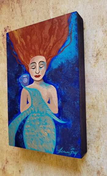Coffee and Prayers - Mermaid Original Painting on Birch Wood 4x6
