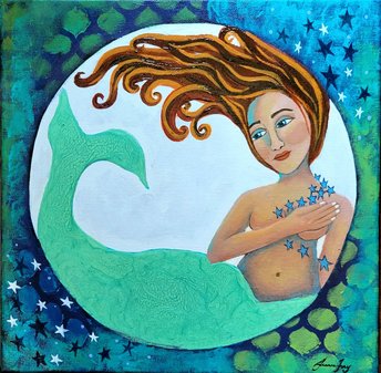 Mermaid Moon - Original Contemporary Folk Painting 12x12